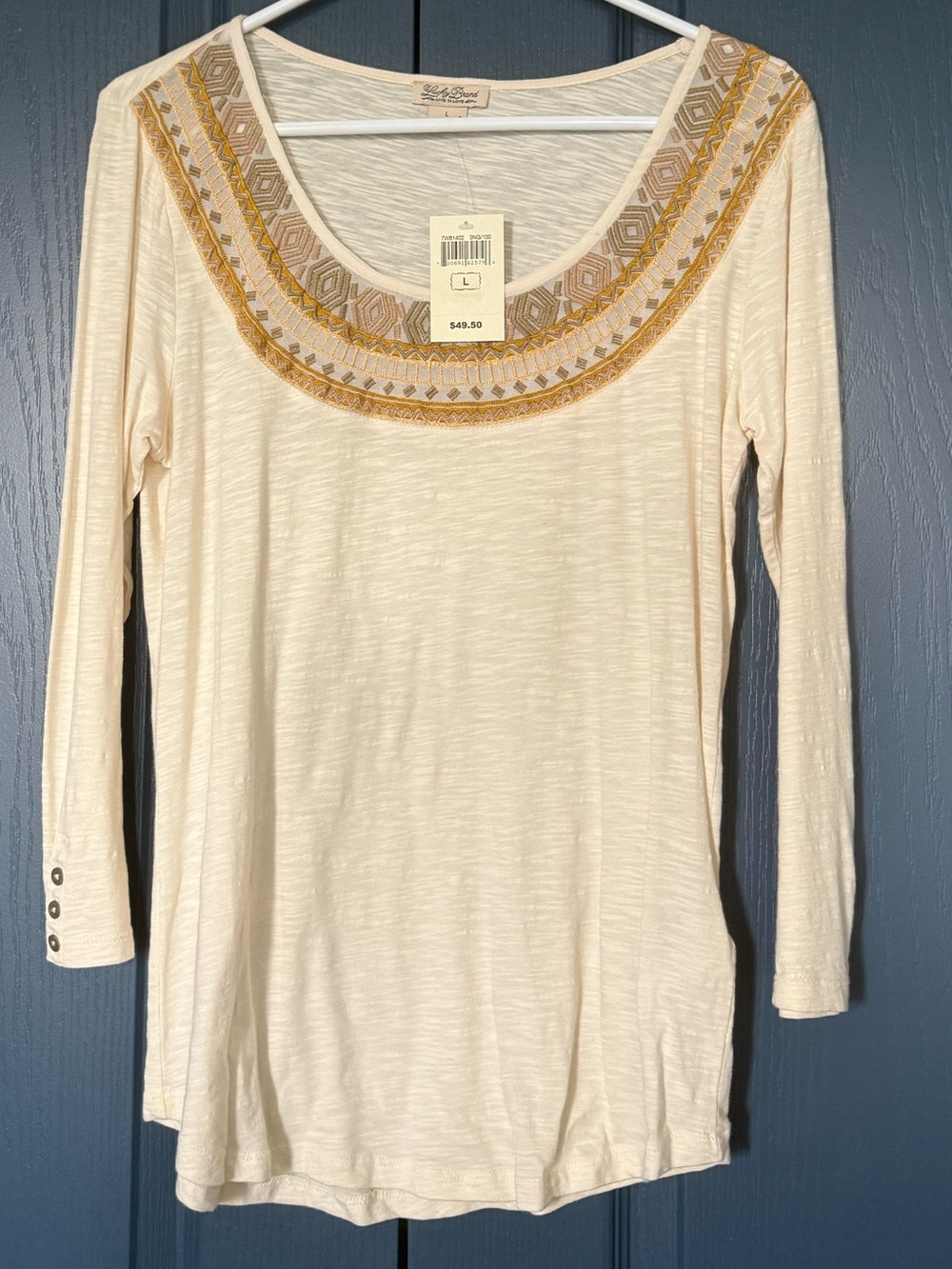Lucky Brand Cream Top with Gold & Tan Embroidery